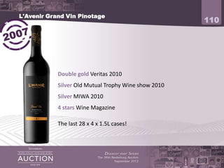 L'Avenir Grand Vin Pinotage
                                                     110




           Double gold Veritas 2010
           Silver Old Mutual Trophy Wine show 2010
           Silver MIWA 2010
           4 stars Wine Magazine

           The last 28 x 4 x 1.5L cases!
 