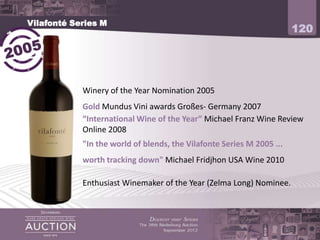 Vilafonté Series M
                                                                   120




             Winery of the Year nomination 2005 and 2008
             Gold Mundus Vini - Großes 2007
             International Wine of the Year Michael Franz 2008
             International Wine Maker of the Year Wine Enthusiast 2010
 