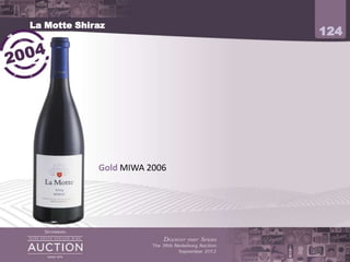 La Motte Shiraz
                                                124




             Gold MIWA 2006
             Winemaker: Edmund Terblanche
             (Chairman SA Shiraz Association)
 