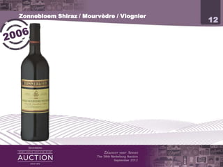 Zonnebloem Shiraz / Mourvèdre / Viognier
                                                                     12




            Diamond award Winemakers Choice 2008
            Gold & Best in class IWSC 2009
            Gold MIWA 2010

            2006 is the maiden vintage for this Rhone style blend.
 