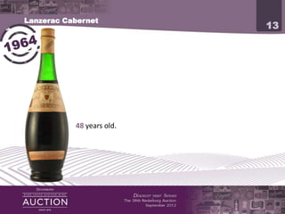 Lanzerac Cabernet
                                                                    13




           48 years old . This wine is from the historic property
           Lanzerac, which has been granted to a sergeant of the
           Dutch East India company in 1692.
 