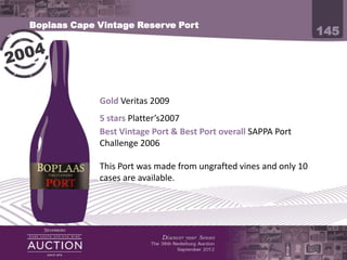 Boplaas Cape Vintage Reserve Port
                                                                   145




           Gold Veritas 2009
           5 stars Platter’s2007
           Best Vintage Port & Best Port overall SAPPA Port Challenge ‘06
           Diamond Award Winemaker’s Choice 2008
           Port Trophy winner Old Mutual Trophy Wine Show 2008
 