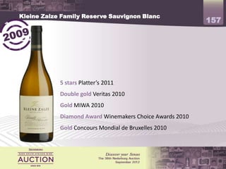 Kleine Zalze Family Reserve Sauvignon Blanc
                                                          157




            5 stars Platter’s 2011
            Double gold Veritas 2010
            Gold MIWA 2010
            Diamond Award Winemakers Choice Awards 2010
            Gold Concours Mondial de Bruxelles 2010
 
