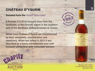 CHÂTEAU D’YQUEM                                    3

Donated from the Distell Tabernakel

A Premier Cru (First Growth) wine from the
Sauternes, in the Gironde region in the southern
part of the Bordeaux vineyards known as Graves.

Wines from Château d’Yquem are characterised
by their complexity, concentration and
sweetness. When last tasted in 2011 it was
described as a lovely rich balanced wine with
honeyed yellow fruit with noticeable botrytis.
 