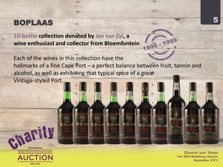 BOPLAAS                                                                       5

10-bottle collection donated by Jan van Zyl, a
wine enthusiast and collector from Bloemfontein

Each of the wines in this collection have the
hallmarks of a fine Cape Port – a perfect balance between fruit, tannin and
alcohol, as well as exhibiting that typical spice of a great
Vintage-styled Port.
 