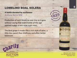 LOMELINO BOAL SOLERA                                  6

A bottle donated by auctioneer
Anthony Barne MW

Production of such Madeiras was tiny so it goes
without saying that every bottle of this age
opened makes a rare wine even rarer.

The Boal grape is made into a rich style of wine, a
little less sweet than Malmsey and often better
balanced.
 
