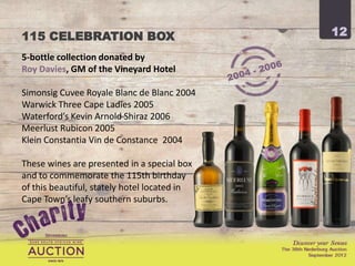 115 CELEBRATION BOX                           12

5-bottle collection donated by
Roy Davies, GM of the Vineyard Hotel

Simonsig Cuvee Royale Blanc de Blanc 2004
Warwick Three Cape Ladies 2005
Waterford’s Kevin Arnold Shiraz 2006
Meerlust Rubicon 2005
Klein Constantia Vin de Constance 2004

These wines are presented in a special box
and to commemorate the 115th birthday
of this beautiful, stately hotel located in
Cape Town’s leafy southern suburbs.
 