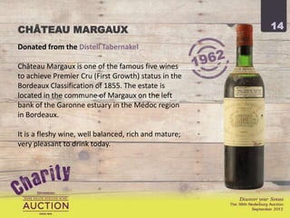 CHÂTEAU MARGAUX                                        14

Donated from the Distell Tabernakel

Château Margaux is one of the famous five wines
to achieve Premier Cru (First Growth) status in the
Bordeaux Classification of 1855. The estate is
located in the commune of Margaux on the left
bank of the Garonne estuary in the Médoc region
in Bordeaux.

It is a fleshy wine, well balanced, rich and mature;
very pleasant to drink today.
 