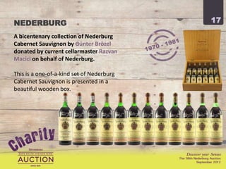 NEDERBURG                                  17

A bicentenary commemoration collection
of Nederburg Cabernet Sauvignon by
Günter Brözel donated by current
cellarmaster Razvan Macici on behalf of
Nederburg.

This is a one-of-a-kind set of Nederburg
Cabernet Sauvignon is presented in a
beautiful wooden box.
 