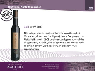 Rietvallei 1908 Muscadel
                                                                           22




           Gold MIWA 2003
           Made from the oldest Red Muscadel (Muscat de Frontignan)
           vineyard in SA. Planted in 1908. 94 years of age resulting in
           excellent fruit concentration.
           A true collectors item.
 