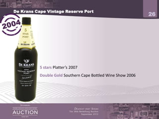 De Krans Cape Vintage Reserve Port
                                                              26




           5 stars Platter’s 2007
           Double Gold Southern Cape Bottled Wine Show 2006
 