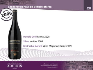 Landskroon Paul de Villiers Shiraz
                                                        28




            Double Gold MIWA 2008
            Silver Veritas 2008
            Best Value Award Wine Magazine Guide 2009
 
