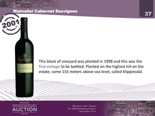 Rietvallei Cabernet Sauvignon
                                                                        37




           The first red wine to be bottled and released under the
           estate label.

           One of the last wines made by Johnny Burger, fifth
           generation of the Burger family on Rietvallei Estate.

           Made from a single vineyard planted on the highest hill on
           the estate.

           .
 