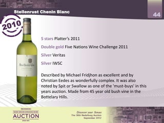 Stellenrust Chenin Blanc
                                                                        44

           5 stars Platter’s 2011
           Double gold Five Nations Wine Challenge 2011
           Silver Veritas
           Silver IWSC
           SAA business class listing for younger vintage


           Described by Michael Fridjhon as excellent and by
           Christian Eedes as wonderfully complex. It was also
           noted by Spit or Swallow as one of the 'must-buys' in this
           years auction. Made from 45 year old bush vine in the
           Bottelary Hills.
 