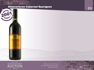 Allesverloren Cabernet Sauvignon
                                                                              53




           This Cabernet is from the oldest estate in the Swartland and has
           been in the Malan family since 1872.

           Current cellar master Danie Malan is the 5th generation
 