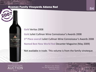 Bosman Family Vineyards Adama Red
                                                                       54




          Gold Veritas 2008
          Gold Juliet Cullinan Wine Connoisseur’s Awards 2008
          3rd Place overall Juliet Cullinan Wine Connoisseur’s Awards 2008
          Named Best New World Red Decanter Magazine (May 2009)

          Not available in trade. This volume is from the family vinoteque.
 