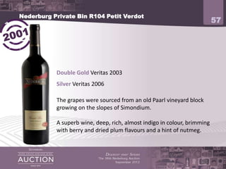 Nederburg Private Bin R104 Petit Verdot
                                                                          57



           Double Gold Veritas 2003
           Silver Veritas 2006

           The grapes were sourced from an old Paarl vineyard block
           growing on the slopes of Simondium.

           A superb wine, deep, rich, almost indigo in colour, brimming
           with berry and dried plum flavours and a hint of nutmeg.
 