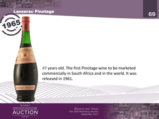 Lanzerac Pinotage
                                                                          69




            47 years old. Lanzerac’s Pinotage wine were the first to be
            marketed commercially in South Africa and in the world.
            It was released in 1961.
 
