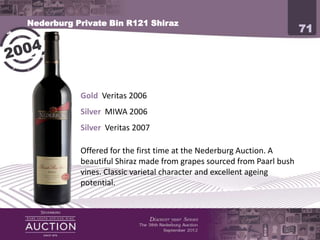 Nederburg Private Bin R121 Shiraz
                                                                    71


           Gold Veritas 2006
           Silver MIWA 2006
           Silver Veritas 2007

           Offered for the first time at the Nederburg Auction.
           A beautiful Shiraz made from grapes sourced from Paarl
           bush vines. Classic varietal character and excellent
           ageing potential.
 
