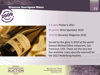 Shannon Sauvignon Blanc
                                                                  77



                          4.5 stars Platter’s 2011
                          91 points Wine Spectator 2010
                          17.5/20 Decanter Magazine 2010

                          Served by the glass in 2010 at the world
                          famous Michael Mina restaurant, San
                          Francisco, USA. These are the very last
                          few available cases specially reserved for
                          the 2012 Nederburg Auction.
 