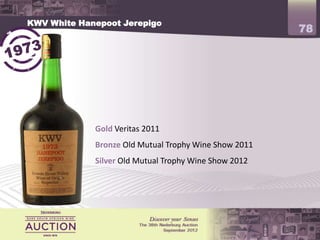 KWV White Hanepoot Jerepigo
                                                       78




             Gold Veritas 2011
             Bronze Old Mutual Trophy Wine Show 2011
             Silver Old Mutual Trophy Wine Show 2012
 