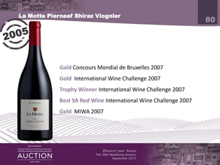 La Motte Pierneef Shiraz Viognier
                                                                  80




             Gold Concours Mondial de Bruxelles 2007
             Gold International Wine Challenge 2007
             Trophy Winner International Wine Challenge 2007
             Best SA Red Wine International Wine Challenge 2007
             Gold MIWA 2007
 