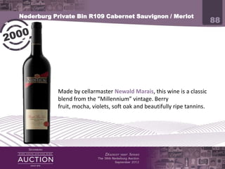 Nederburg Private Bin R109 Cabernet Sauvignon / Merlot
                                                                         88




            Made by cellarmaster Newald Marais, this wine is a classic
            blend from the “Millennium” vintage. Berry fruit, mocha,
            violets, soft oak and beautifully ripe tannins.
 