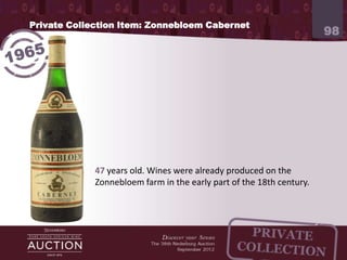 Private Collection Item: Zonnebloem Cabernet
                                                                      98




             47 years old. Wines were already produced on the
             Zonnebloem farm in the early part of the 18th century.
 