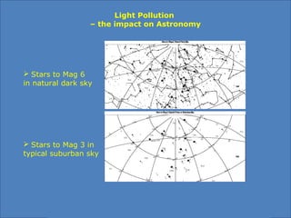 Light Pollution
– the impact on Astronomy
 Stars to Mag 6
in natural dark sky
 Stars to Mag 3 in
typical suburban sky
 