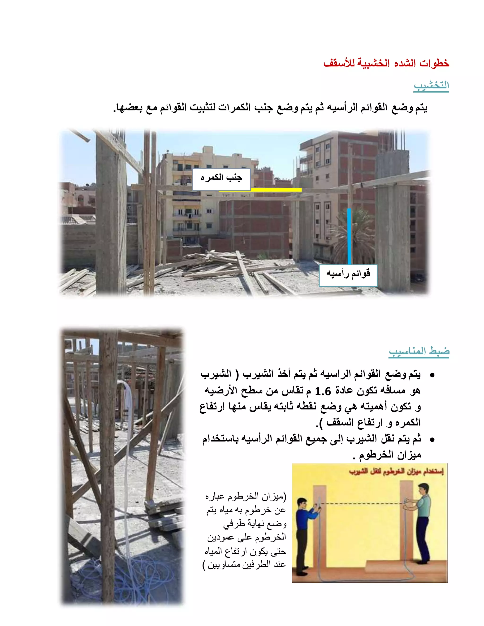 ‫لألسقف‬ ‫الخشبية‬ ‫الشده‬ ‫خطوات‬
‫التخشيب‬
.‫بعضها‬ ‫مع‬ ‫القوائم‬ ‫لتثبيت‬ ‫الكمرات‬ ‫جنب‬ ‫وضع‬ ‫يتم‬ ‫ثم‬ ‫الرأسيه‬ ‫القوائم‬ ‫وضع‬ ‫يتم‬
‫المناسيب‬ ‫ضبط‬

‫الش‬ ‫أخذ‬ ‫يتم‬ ‫ثم‬ ‫الراسيه‬ ‫القوائم‬ ‫وضع‬ ‫يتم‬
‫ي‬
‫الش‬ ( ‫رب‬
‫ي‬
‫رب‬
‫هو‬
‫عادة‬ ‫تكون‬ ‫مسافه‬
1.6
‫سطح‬ ‫من‬ ‫تقاس‬ ‫م‬
‫األرضيه‬
‫ارتفاع‬ ‫منها‬ ‫يقاس‬ ‫ثابته‬ ‫نقطه‬ ‫وضع‬ ‫هي‬ ‫أهميته‬ ‫تكون‬ ‫و‬
.) ‫السقف‬ ‫ارتفاع‬ ‫و‬ ‫الكمره‬

‫نقل‬ ‫يتم‬ ‫ثم‬
‫باستخدام‬ ‫الرأسيه‬ ‫القوائم‬ ‫جميع‬ ‫إلى‬ ‫الشيرب‬
‫ميزان‬
‫الخرطوم‬
.
(
‫عباره‬ ‫الخرطوم‬ ‫ميزان‬
‫يتم‬ ‫مياه‬ ‫به‬ ‫خرطوم‬ ‫عن‬
‫طرفي‬ ‫نهاية‬ ‫وضع‬
‫عمودين‬ ‫على‬ ‫الخرطوم‬
‫المياه‬ ‫ارتفاع‬ ‫يكون‬ ‫حتى‬
‫ا‬ ‫عند‬
‫متساويين‬ ‫لطرفين‬
)
‫الكمره‬ ‫جنب‬
‫رأسيه‬ ‫قوائم‬
 