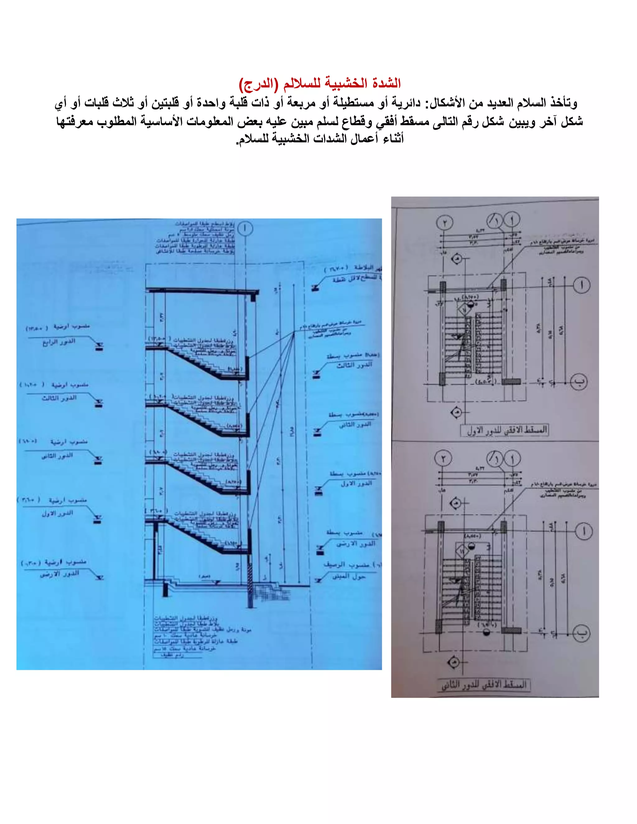 )‫(الدرج‬ ‫للساللم‬ ‫الخشبية‬ ‫الشدة‬
‫أي‬ ‫أو‬ ‫قلبات‬ ‫ثالث‬ ‫أو‬ ‫قلبتين‬ ‫أو‬ ‫واحدة‬ ‫قلبة‬ ‫ذات‬ ‫أو‬ ‫مربعة‬ ‫أو‬ ‫مستطيلة‬ ‫أو‬ ‫دائرية‬ :‫األشكال‬ ‫من‬ ‫العديد‬ ‫السالم‬ ‫وتأخذ‬
‫ويبين‬ ‫آخر‬ ‫شكل‬
‫معرفتها‬ ‫المطلوب‬ ‫األساسية‬ ‫المعلومات‬ ‫بعض‬ ‫عليه‬ ‫مبين‬ ‫لسلم‬ ‫وقطاع‬ ‫أفقي‬ ‫مسقط‬ ‫التالى‬ ‫رقم‬ ‫شكل‬
‫للسالم‬ ‫الخشبية‬ ‫الشدات‬ ‫أعمال‬ ‫أثناء‬
.
 