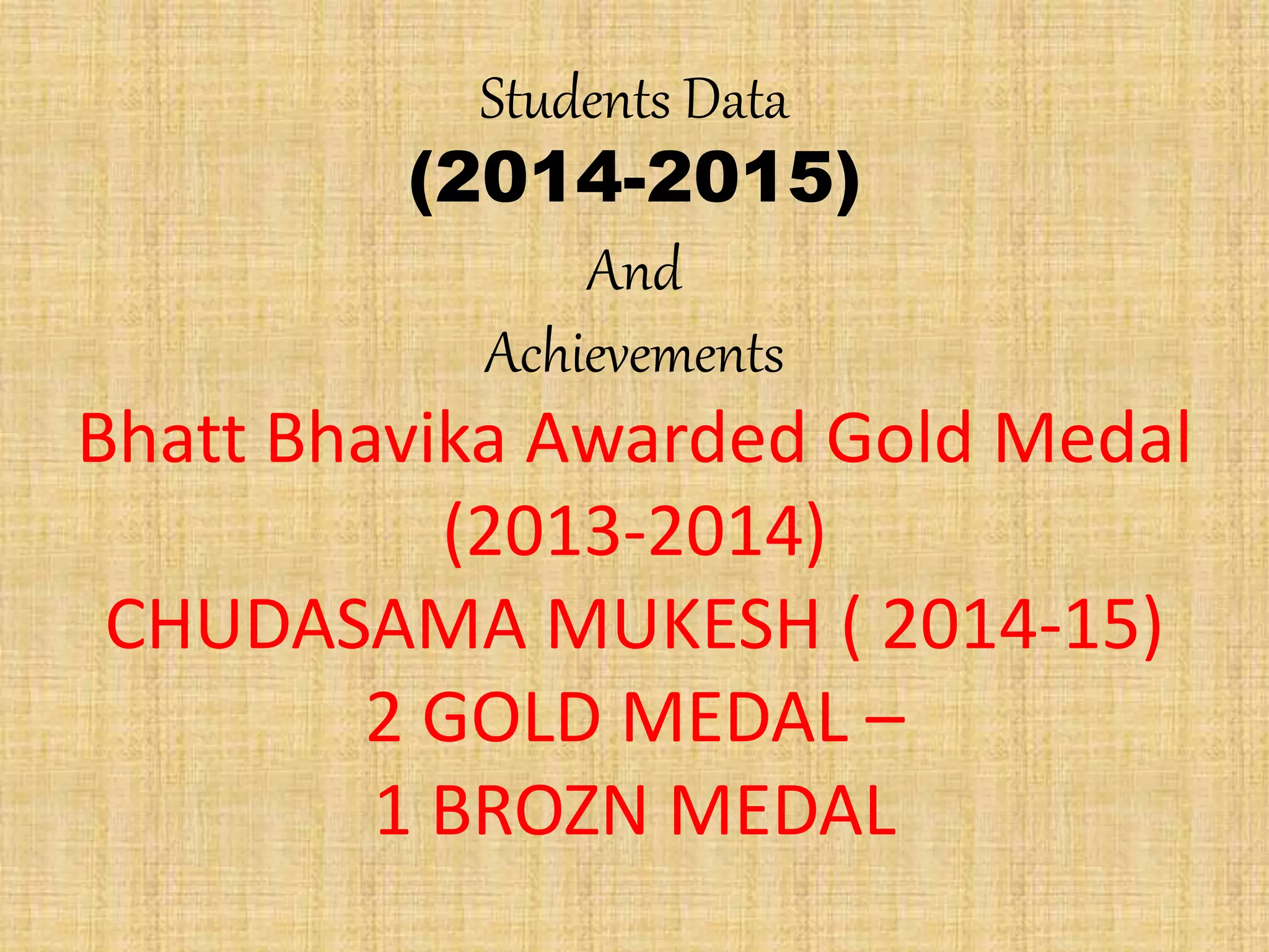 Students Data
(2014-2015)
And
Achievements
Bhatt Bhavika Awarded Gold Medal
(2013-2014)
CHUDASAMA MUKESH ( 2014-15)
2 GOLD MEDAL –
1 BROZN MEDAL
 
