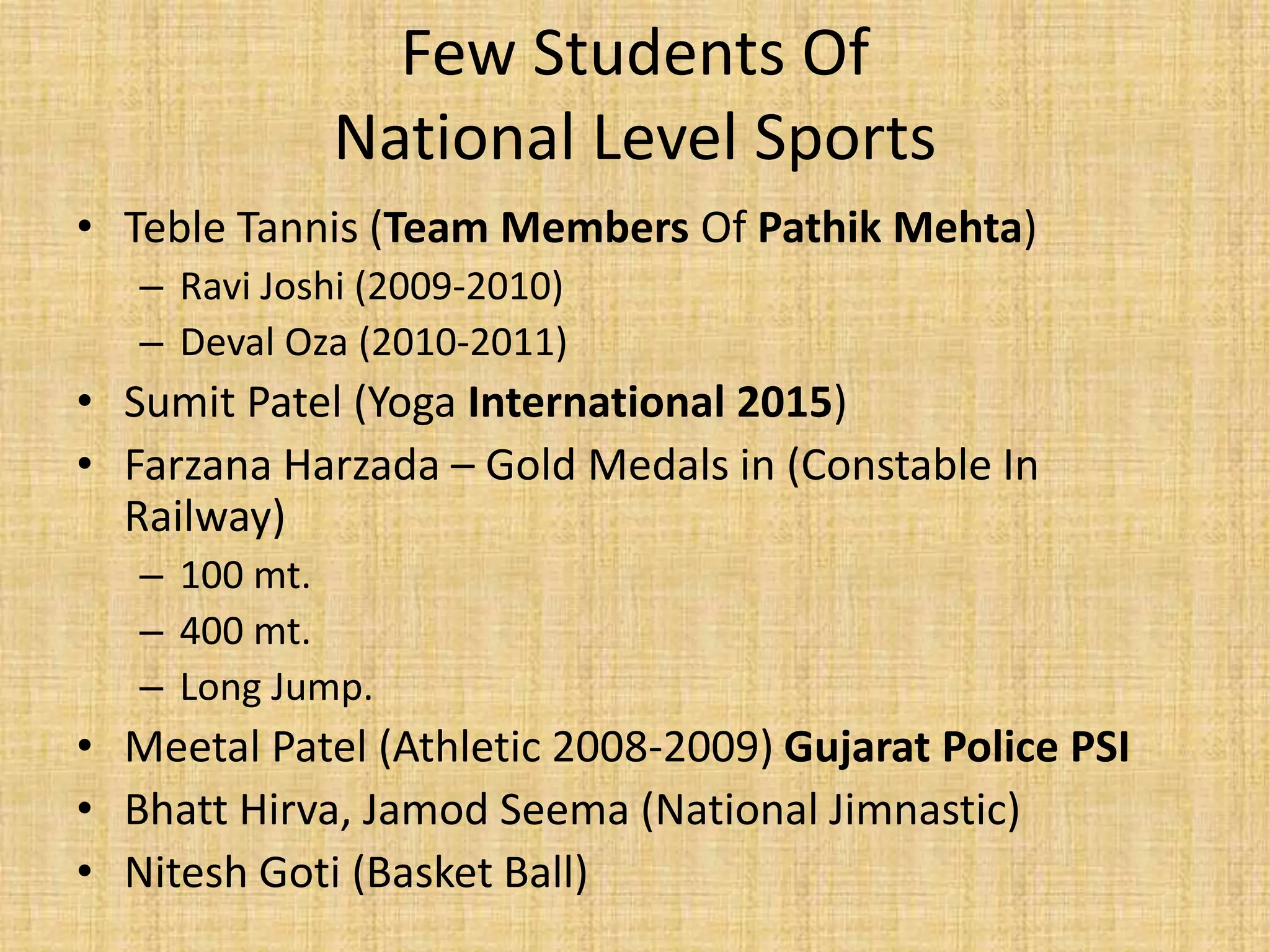 Few Students Of
National Level Sports
• Teble Tannis (Team Members Of Pathik Mehta)
– Ravi Joshi (2009-2010)
– Deval Oza (2010-2011)
• Sumit Patel (Yoga International 2015)
• Farzana Harzada – Gold Medals in (Constable In
Railway)
– 100 mt.
– 400 mt.
– Long Jump.
• Meetal Patel (Athletic 2008-2009) Gujarat Police PSI
• Bhatt Hirva, Jamod Seema (National Jimnastic)
• Nitesh Goti (Basket Ball)
 
