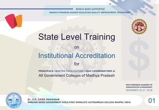 $
Dr. H.K. GARG PROFESSOR
SAROJINI NAIDU GOVERNMENT GIRLS POST GRADUATE AUTONOMOUS COLLEGE BHOPAL INDIA
WORLD BANK SUPPORTED
MADHYA PRADESH HIGHER EDUCATION QUALITY IMPROVEMENT PROGRAMME
State Level Training
on
Institutional Accreditation
for
PRINCIPALS I MASTER FACILITATORS I IQAC COORDINATORS of
All Government Colleges of Madhya Pradesh
RCVP NORONHA ACADEMY OF
ADMINISTRATION & MANAGEMENT
DECEMBER 16-17, 2018
01
 