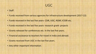 UGC
• Staff
• Funds received from various agencies for infrastructure development (2017-22)
• Funds received in the last five years- CSIR, UGC, RGNF, ICSSR etc.
• Funds received in the last five years- research grant- projects
• Grants released for conferences etc. in the last five years.
• Financial assistance to teachers for travel in India and abroad.
• Grants received from UGC in the last five years.
• Any other important information.
 