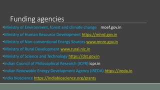 Funding agencies
•Ministry of Environment, forest and climate change moef.gov.in
•Ministry of Human Resource Development https://mhrd.gov.in
•Ministry of Non-conventional Energy Sources www.mnre.gov.in
•Ministry of Rural Development www.rural.nic.in
•Ministry of Science and Technology https://dst.gov.in
•Indian Council of Philosophical Research (ICPR) icpr.in
•Indian Renewable Energy Development Agency (IREDA) https://ireda.in
•India bioscience https://indiabioscience.org/grants
 
