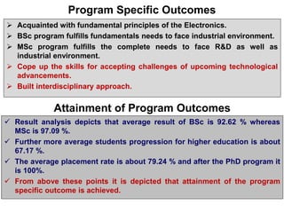 Program Specific Outcomes
 Acquainted with fundamental principles of the Electronics.
 BSc program fulfills fundamentals needs to face industrial environment.
 MSc program fulfills the complete needs to face R&D as well as
industrial environment.
 Cope up the skills for accepting challenges of upcoming technological
advancements.
 Built interdisciplinary approach.
Attainment of Program Outcomes
 Result analysis depicts that average result of BSc is 92.62 % whereas
MSc is 97.09 %.
 Further more average students progression for higher education is about
67.17 %.
 The average placement rate is about 79.24 % and after the PhD program it
is 100%.
 From above these points it is depicted that attainment of the program
specific outcome is achieved.
 