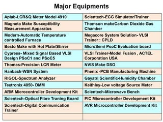 Major Equipments
Aplab-LCR&Q Meter Model 4910 Scientech-ECG Simulator/Trainer
Magneta Make Susceptibility
Measurement Apparatus
Thomson makeCarbon Dioxide Gas
Chamber
Modern-Automatic Temperature
controlled Furnace
Megacore System Solution- VLSI
Trainer : CPLD
Besto Make with Hot Plate/Stirrer MicroSemi PsoC Evaluation board
Cypress- Mixed Signal Based VLSI
Design PSoC1 and PSoC5
VLSI Trainer-Model Fusion , ACTEL
Corporation USA
Thomas-Precision LCR Meter NVIS Make DSO
Hanback-WSN System Phenix -PCB Manufacturing Machine
RIGOL-Spectrum Analyzer Gayatri Scientific-Humidity Chamber
Textronix 4050- DMM Keithley-Low voltage Source Meter
ARM Microcontroller Development Kit Scientech-Microwave Bench
Scientech-Optical Fibre Traning Board PIC Microcontroller Development Kit
Scientech-Digital Communication
Trainer
AVR Microcontroller Development Kit
 