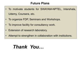 Future Plans
• To motivate students for SWAYAM-NPTEL, Intershala,
Udemy, Coursera, etc.
• To organize FDP, Seminars and Workshops.
• To improve facility for consultancy work.
• Extension of research laboratory.
• Attempt to strengthen in collaboration with institutions.
Thank You…
 