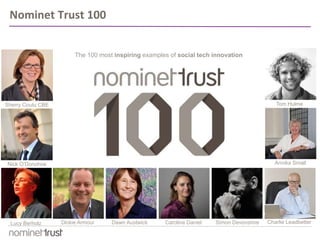 Nominet Trust 100
The 100 most inspiring examples of social tech innovation
Sherry Coutu CBE
Nick O’Donohoe
Lucy Berholz Dickie Armour Dawn Austwick Caroline Daniel Simon Devonshire Charlie Leadbetter
Annika Small
Tom Hulme
 