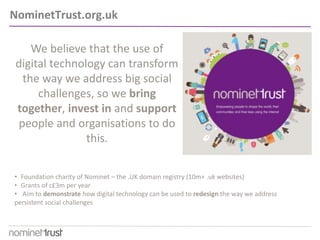 We believe that the use of
digital technology can transform
the way we address big social
challenges, so we bring
together, invest in and support
people and organisations to do
this.
• Foundation charity of Nominet – the .UK domain registry (10m+ .uk websites)
• Grants of c£3m per year
• Aim to demonstrate how digital technology can be used to redesign the way we address
persistent social challenges
NominetTrust.org.uk
 