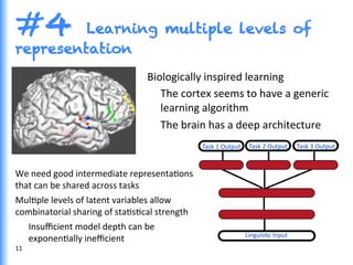We	
  need	
  good	
  intermediate	
  representaGons	
  
that	
  can	
  be	
  shared	
  across	
  tasks	
  
MulGple	
  levels	
  of	
  latent	
  variables	
  allow	
  
combinatorial	
  sharing	
  of	
  staGsGcal	
  strength	
  
Insuﬃcient	
  model	
  depth	
  can	
  be	
  
exponenGally	
  ineﬃcient	
  
	
  
#4 Learning multiple levels of
representation
Biologically	
  inspired	
  learning	
  
The	
  cortex	
  seems	
  to	
  have	
  a	
  generic	
  
learning	
  algorithm	
  	
  
The	
  brain	
  has	
  a	
  deep	
  architecture	
  
Task	
  1	
  Output	
  
LinguisGc	
  Input	
  
Task	
  2	
  Output	
   Task	
  3	
  Output	
  
11	
  
 