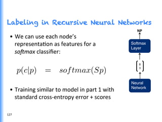Labeling in Recursive Neural Networks
Neural "
Network"
8	
  
3	
  
•  We	
  can	
  use	
  each	
  node’s	
  
representaGon	
  as	
  features	
  for	
  a	
  
soLmax	
  classiﬁer:	
  
•  Training	
  similar	
  to	
  model	
  in	
  part	
  1	
  with	
  
standard	
  cross-­‐entropy	
  error	
  +	
  scores	
  
Softmax"
Layer"
NP	
  
127	
  
 