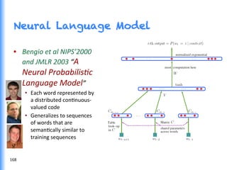 Neural Language Model
•  Bengio	
  et	
  al	
  NIPS’2000	
  
and	
  JMLR	
  2003	
  “A	
  
Neural	
  Probabilis<c	
  
Language	
  Model”	
  
•  Each	
  word	
  represented	
  by	
  
a	
  distributed	
  conGnuous-­‐
valued	
  code	
  
•  Generalizes	
  to	
  sequences	
  
of	
  words	
  that	
  are	
  
semanGcally	
  similar	
  to	
  
training	
  sequences	
  
168	
  
 