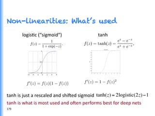 Non-linearities: What’s used
	
  logisGc	
  (“sigmoid”)	
  	
  	
  	
  	
  	
  	
  	
  	
  	
  	
  	
  	
  	
  	
  	
  	
  	
  	
  	
  	
  	
  	
  	
  	
  	
  	
  	
  	
  	
  	
  tanh	
  
	
  
	
  
	
  
	
  
	
  
	
  
	
  
tanh	
  is	
  just	
  a	
  rescaled	
  and	
  shi^ed	
  sigmoid	
  
tanh	
  is	
  what	
  is	
  most	
  used	
  and	
  o^en	
  performs	
  best	
  for	
  deep	
  nets	
  
	
  
tanh(z) = 2logistic(2z)−1
179	
  
 
