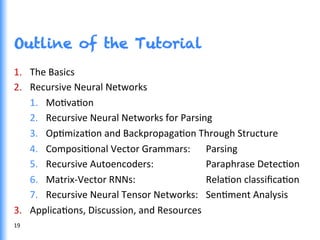 Outline of the Tutorial
1.  The	
  Basics	
  
2.  Recursive	
  Neural	
  Networks	
  
1.  MoGvaGon	
  
2.  Recursive	
  Neural	
  Networks	
  for	
  Parsing	
  	
  
3.  OpGmizaGon	
  and	
  BackpropagaGon	
  Through	
  Structure	
  
4.  ComposiGonal	
  Vector	
  Grammars: 	
  Parsing	
  
5.  Recursive	
  Autoencoders:	
   	
   	
  Paraphrase	
  DetecGon	
  
6.  Matrix-­‐Vector	
  RNNs:	
  	
   	
   	
  RelaGon	
  classiﬁcaGon	
  
7.  Recursive	
  Neural	
  Tensor	
  Networks:	
   	
  SenGment	
  Analysis	
  
3.  ApplicaGons,	
  Discussion,	
  and	
  Resources	
  
19	
  
 