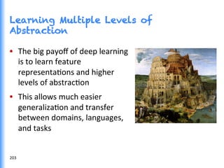 Learning Multiple Levels of
Abstraction
•  The	
  big	
  payoﬀ	
  of	
  deep	
  learning	
  
is	
  to	
  learn	
  feature	
  
representaGons	
  and	
  higher	
  
levels	
  of	
  abstracGon	
  
•  This	
  allows	
  much	
  easier	
  
generalizaGon	
  and	
  transfer	
  
between	
  domains,	
  languages,	
  
and	
  tasks	
  
203	
  
 