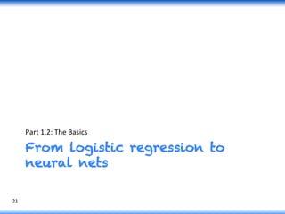 From logistic regression to
neural nets
Part	
  1.2:	
  The	
  Basics	
  
21	
  
 