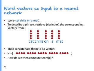 •  score(cat	
  chills	
  on	
  a	
  mat)	
  	
  
•  To	
  describe	
  a	
  phrase,	
  retrieve	
  (via	
  index)	
  the	
  corresponding	
  
vectors	
  from	
  L	
  
	
  	
  	
  	
  	
  	
  	
  	
  	
  	
  	
  	
  	
  	
  	
  	
  	
  	
  	
  	
  	
  	
  	
  	
  	
  	
  cat	
  chills	
  on	
  	
  	
  a	
  	
  	
  mat	
  
•  Then	
  concatenate	
  them	
  to	
  5n	
  vector:	
  
•  x	
  	
  =[	
   	
   	
   	
   	
   	
   	
  	
  	
  ]	
  
•  How	
  do	
  we	
  then	
  compute	
  score(x)?	
  
	
  
Word vectors as input to a neural
network
47	
  
 