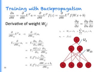 Training with Backpropagation
DerivaGve	
  of	
  weight	
  Wij:	
  
53	
  
x1	
   	
  	
  	
  	
  	
  	
  	
  	
  x2	
  	
  	
  	
  	
  	
  	
  	
  	
  	
  	
  	
  	
  	
  	
  	
  	
  x3	
  	
  	
  	
  	
  	
  	
  	
  	
  	
  	
  	
  +1	
  
	
  
a1	
   	
  	
  	
  	
  	
  	
  	
  	
  a2	
  
s	
  	
  	
   U2	
  
W23	
  
 